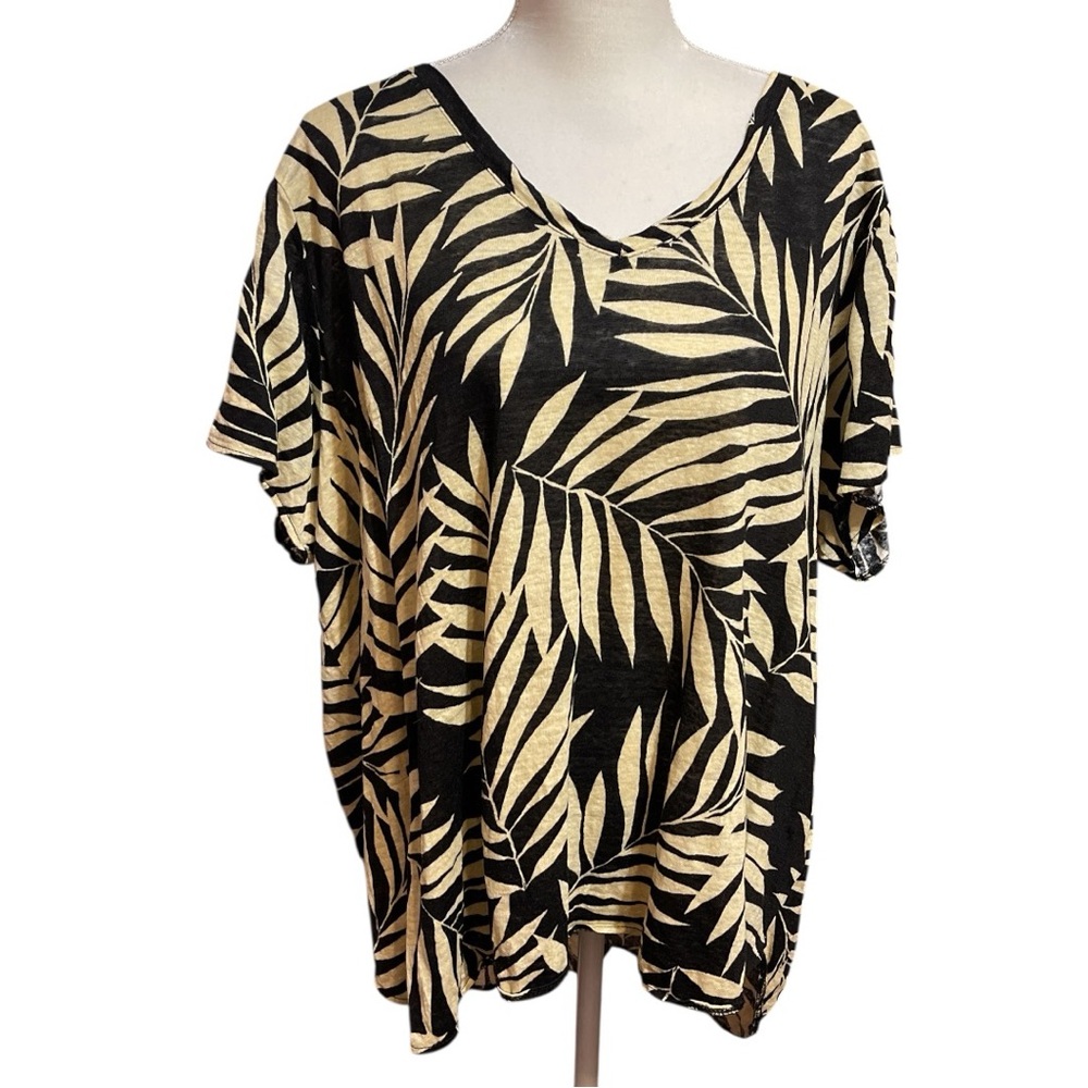 Nicole Miller New York Womens Linen Shirt Black Tan Sz 3X Summer Tropical Island